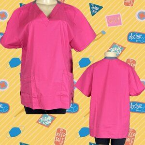 WonderWink XL Pink V-Neckline Gray Stitch Trim Pockets Short Sleeve Scrub Top